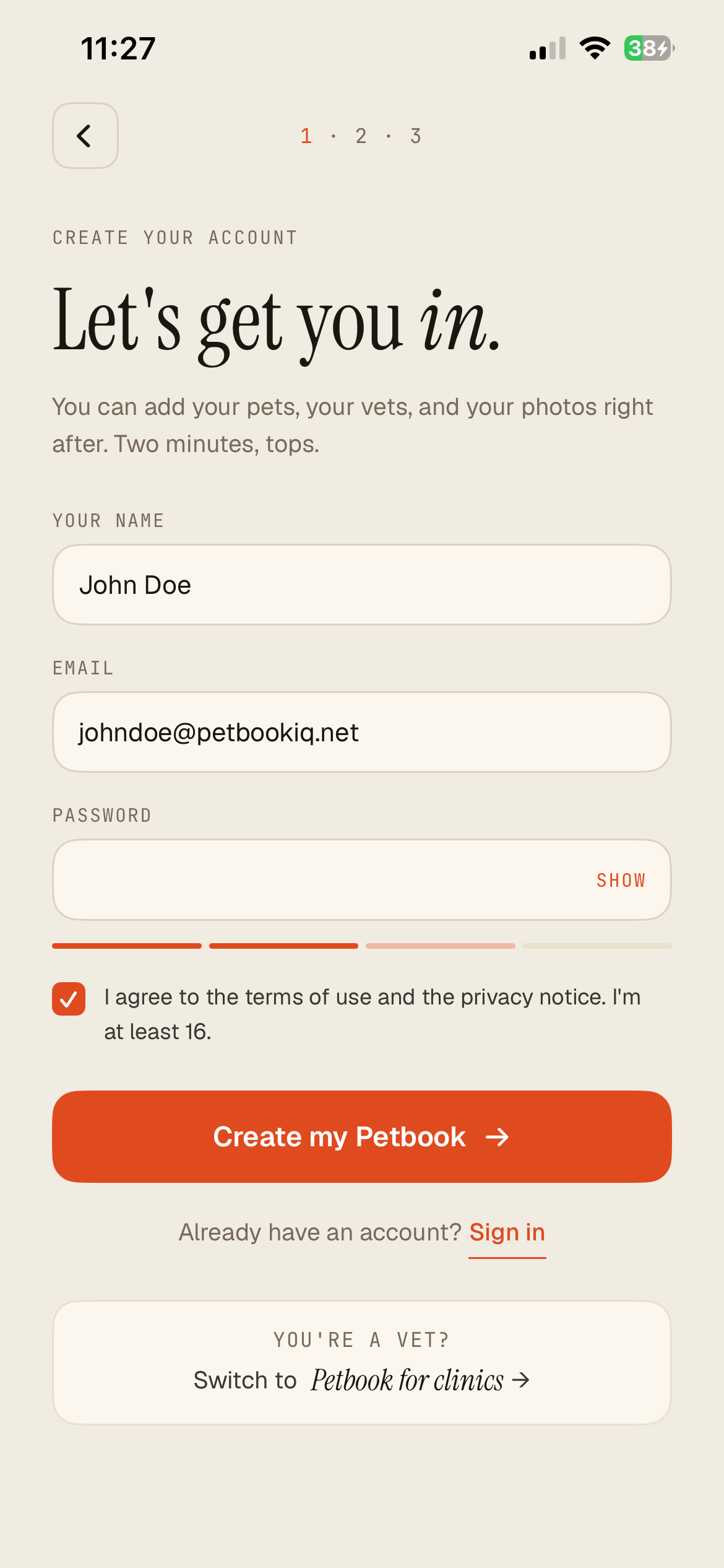 Create account form